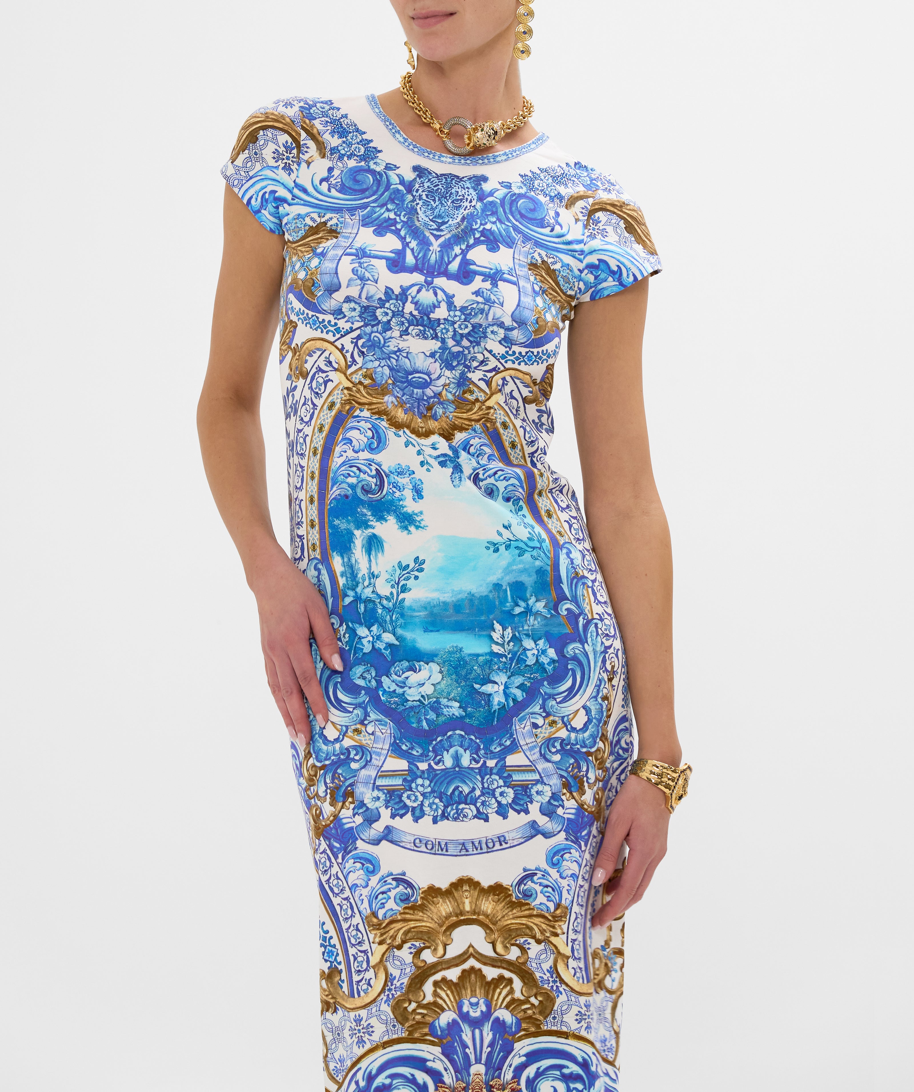 Camilla  Jersey Tank Dress With Cap Sleeves in The Azul Adventures print