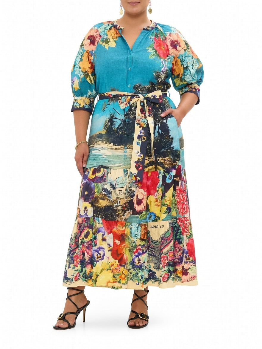 Camilla Tiered Shirt Dress With Short Sleeves in BATHBOMB