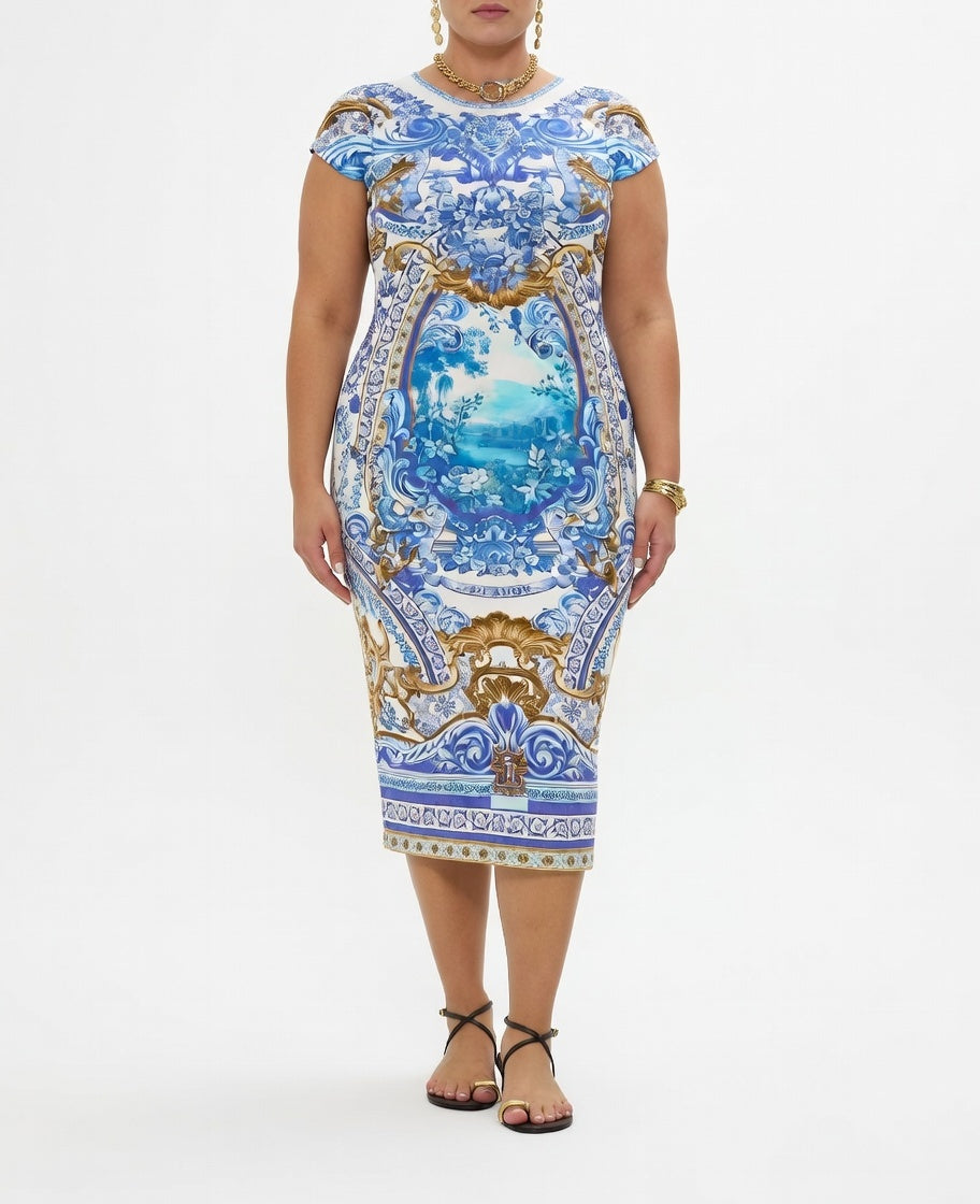 Camilla  Jersey Tank Dress With Cap Sleeves in The Azul Adventures print