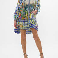 Camilla Long Sleeve Tiered Short Dress in Wall to Wall Wonders print