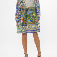 Camilla Long Sleeve Tiered Short Dress in Wall to Wall Wonders print