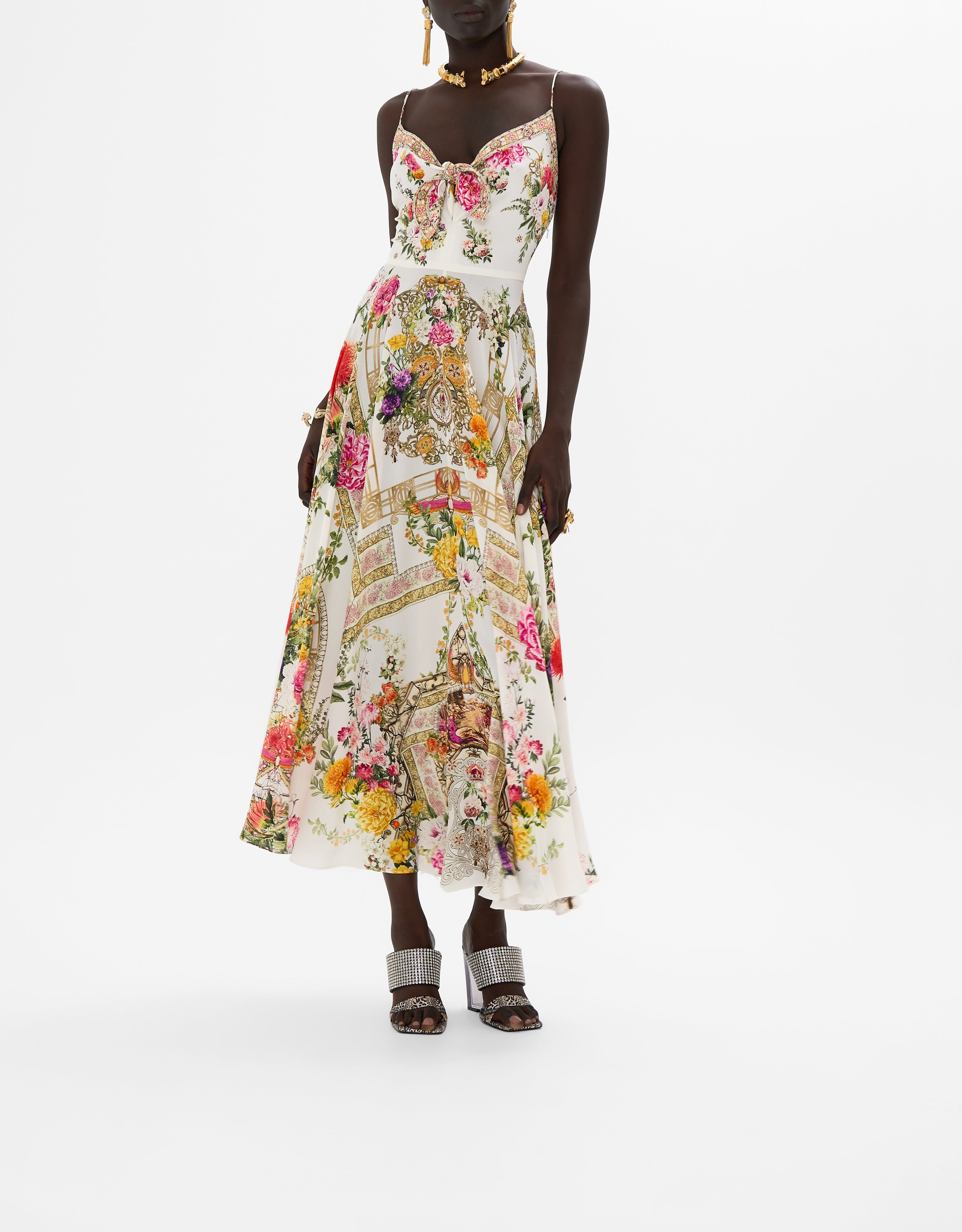 Camilla Long Silk Dress with Tie Front in Egyptian Rose