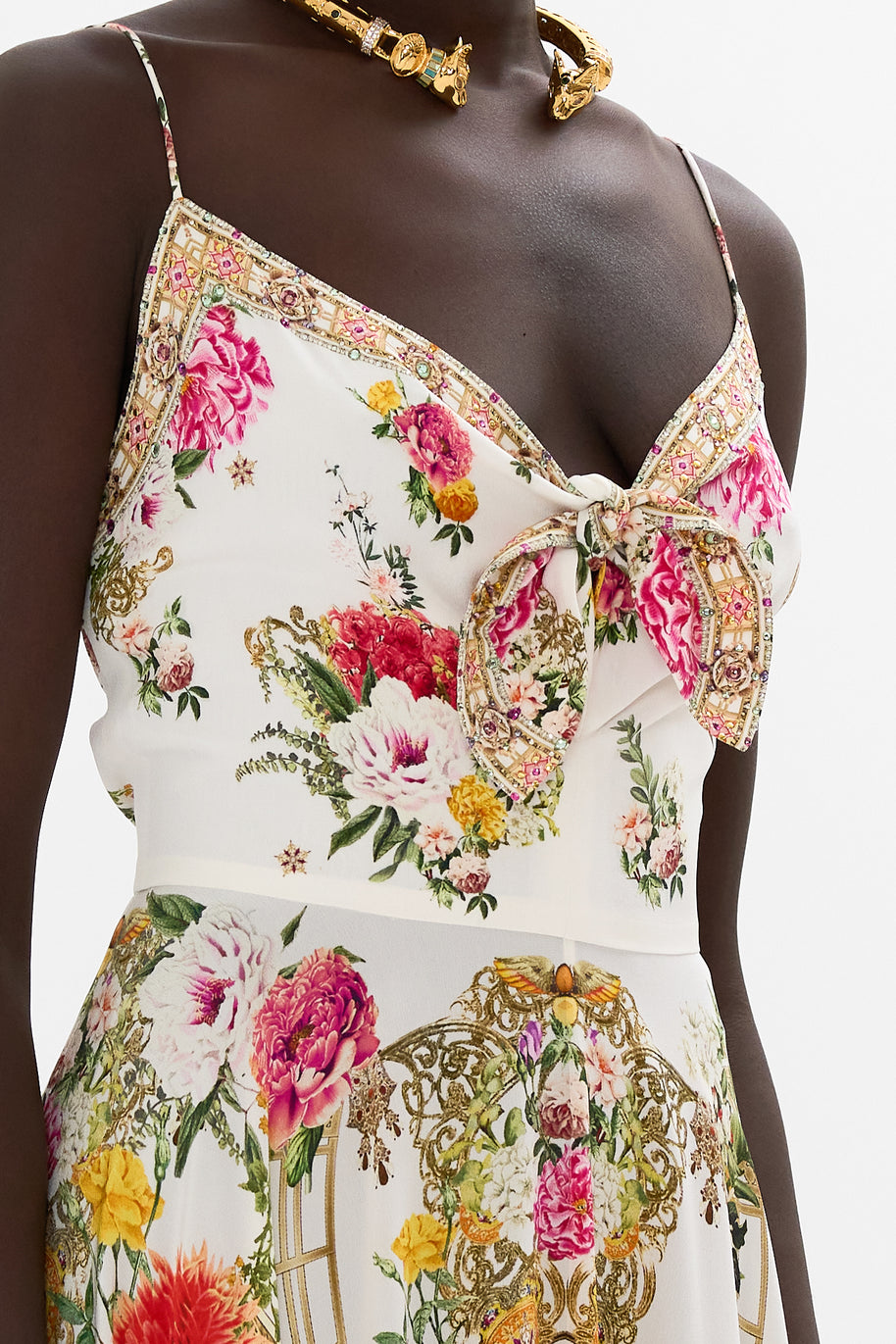 Camilla Long Silk Dress with Tie Front in Egyptian Rose