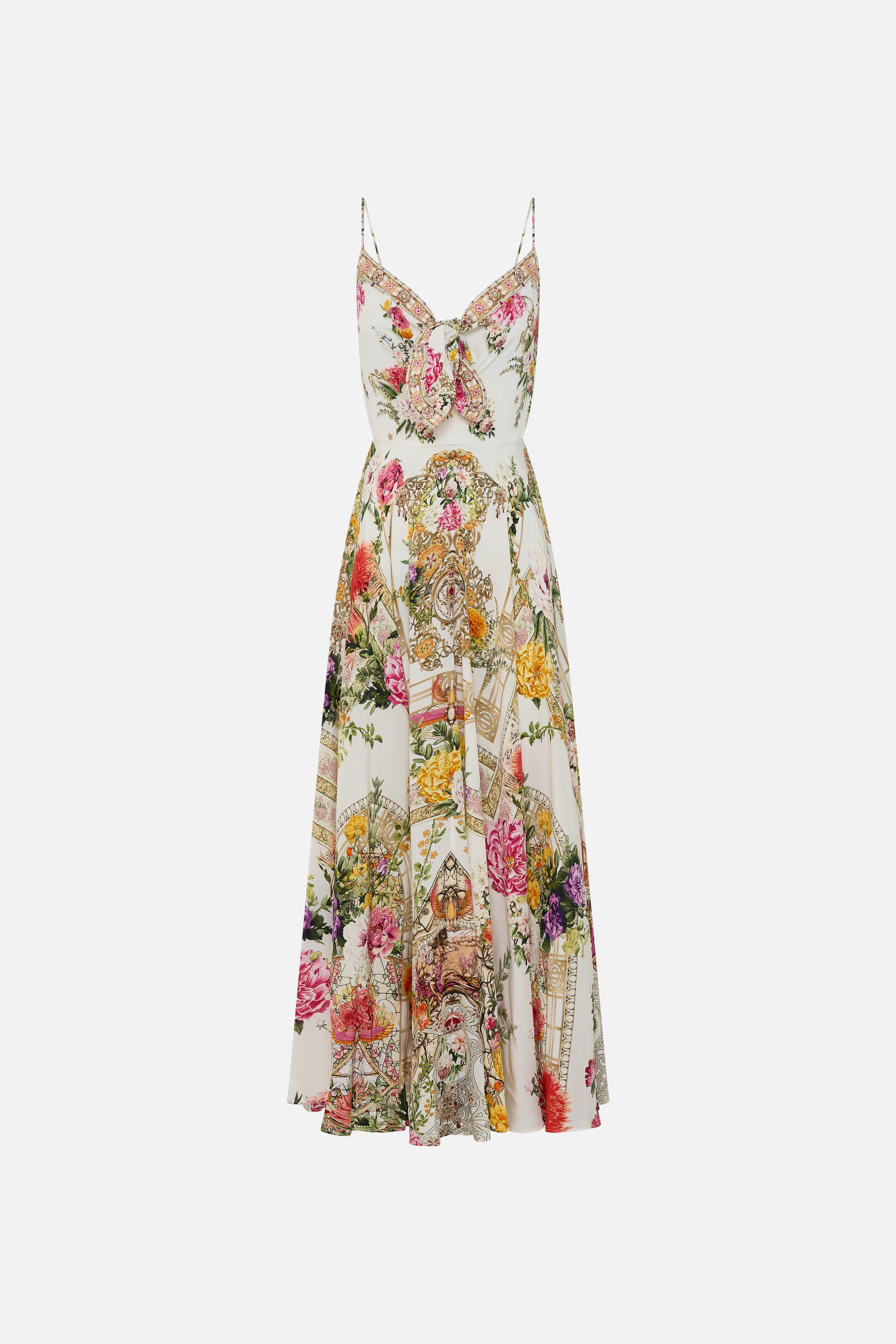 Camilla Long Silk Dress with Tie Front in Egyptian Rose