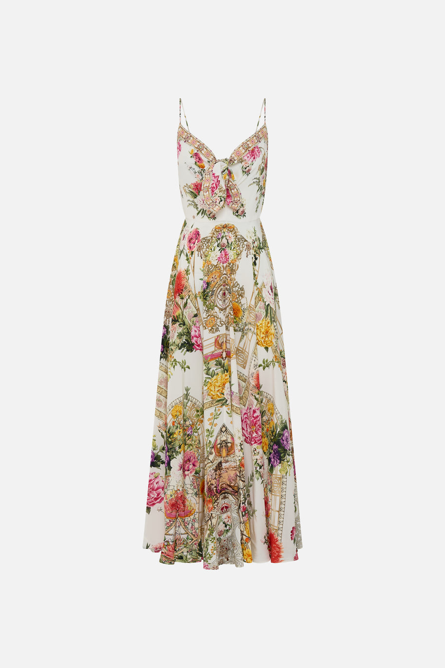 Camilla Long Silk Dress with Tie Front in Egyptian Rose
