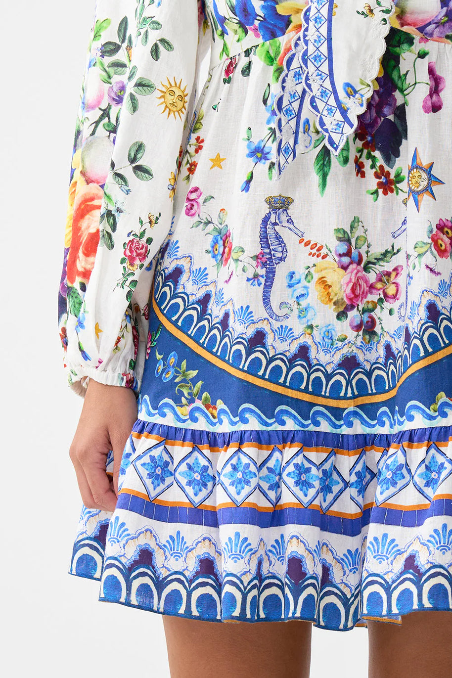Camilla Short Tie Front Blouson Dress in TILEDARL