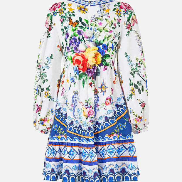 Camilla Short Tie Front Blouson Dress in TILEDARL