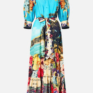 Camilla Tiered Shirt Dress With Short Sleeves in BATHBOMB