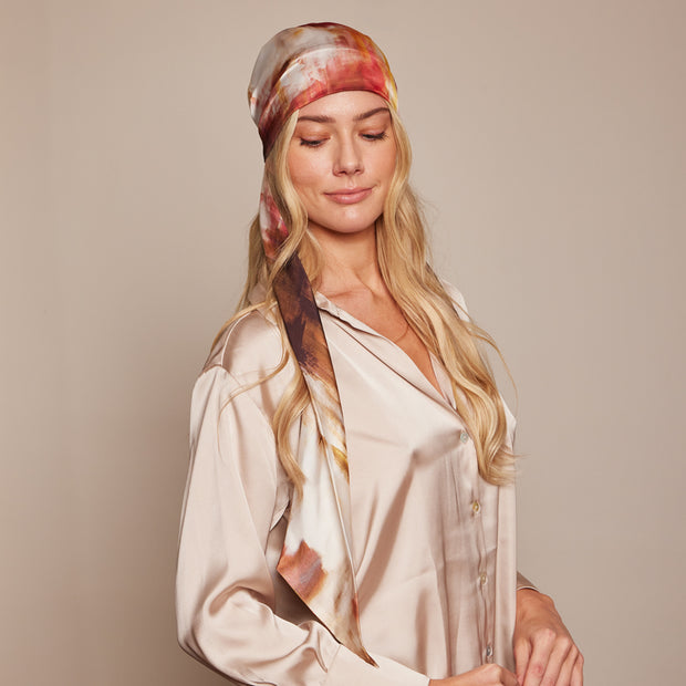 Eugenia Kim Gigi Satin Headscarf (Ivory/beige/navy brush stroke print)