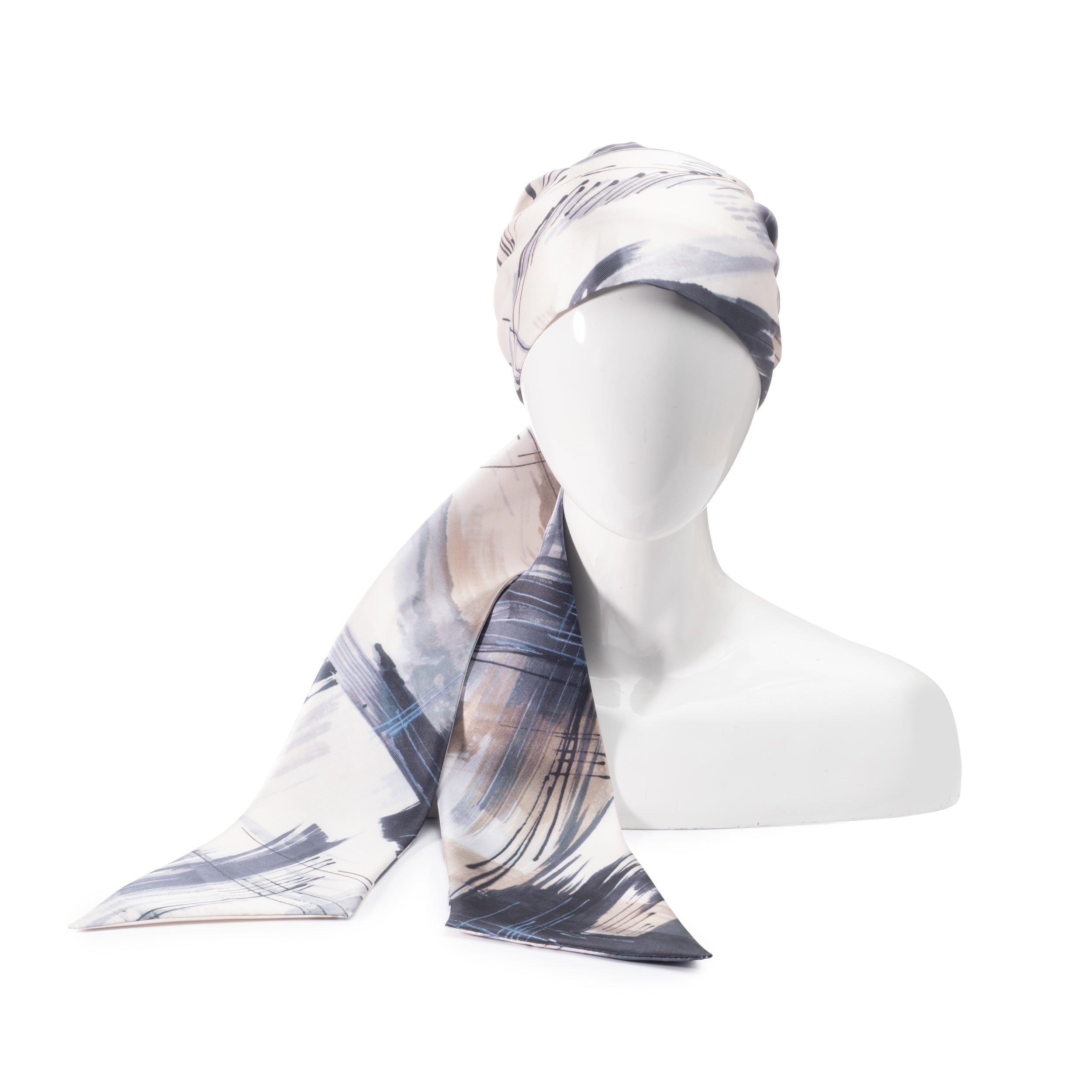 Eugenia Kim Gigi Satin Headscarf (Ivory/beige/navy brush stroke print)