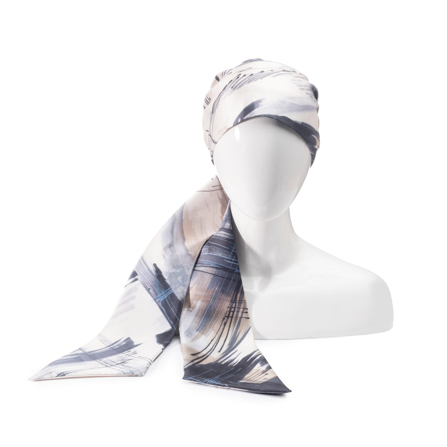 Eugenia Kim Gigi Satin Headscarf (Ivory/beige/navy brush stroke print)