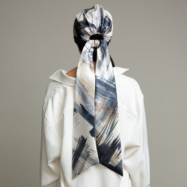 Eugenia Kim Gigi Satin Headscarf (Ivory/beige/navy brush stroke print)