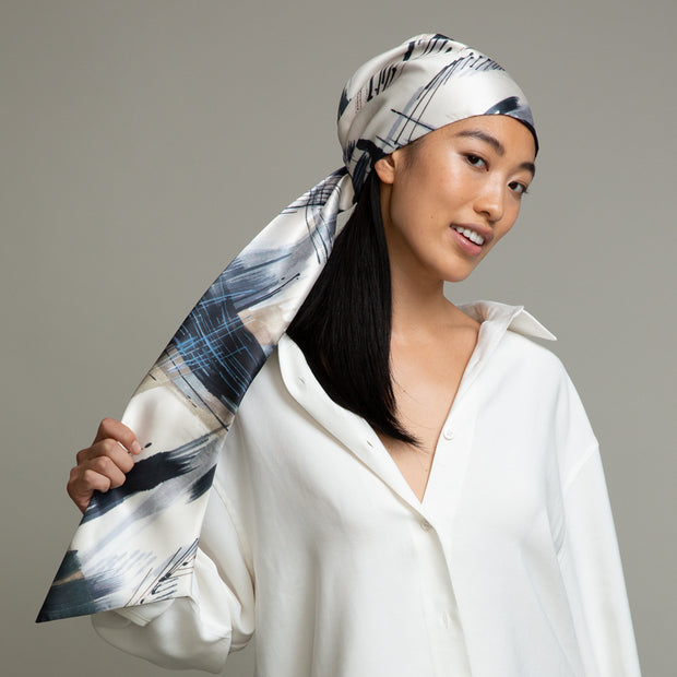 Eugenia Kim Gigi Satin Headscarf (Ivory/beige/navy brush stroke print)