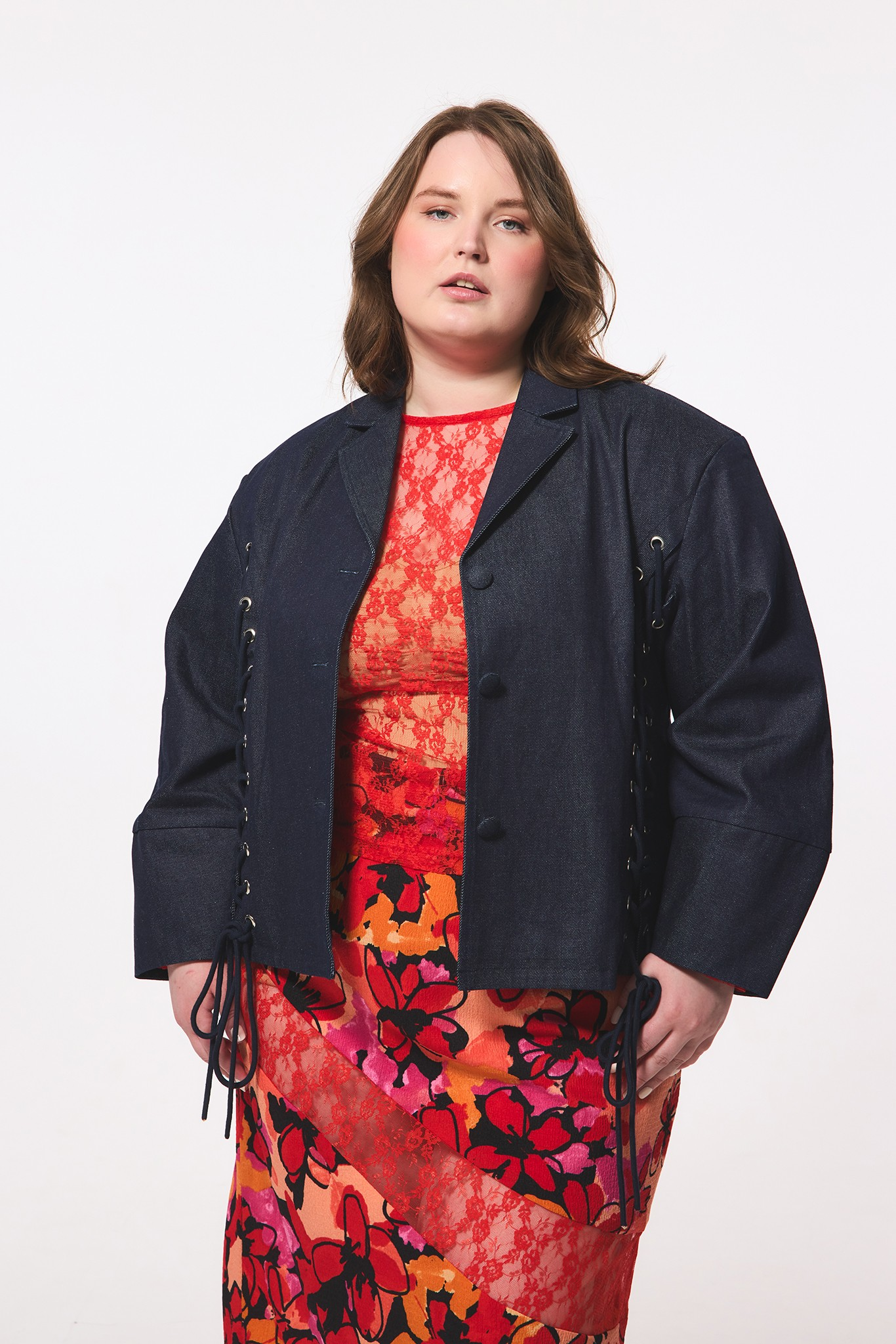 Hilary Macmillan-Lace up Exaggerated Sleeve Denim Jacket