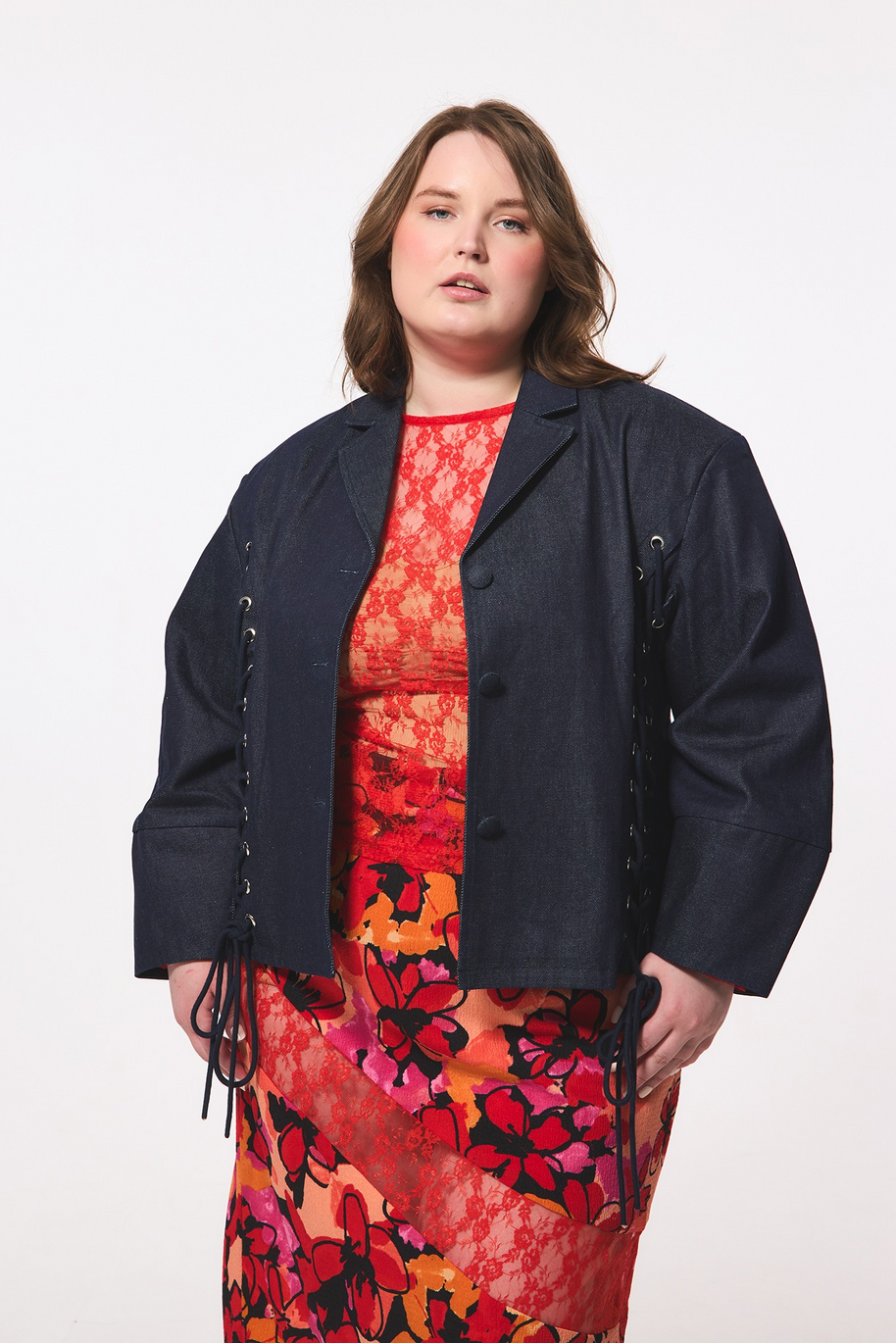 Hilary Macmillan-Lace up Exaggerated Sleeve Denim Jacket