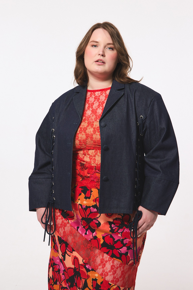 Hilary Macmillan-Lace up Exaggerated Sleeve Denim Jacket