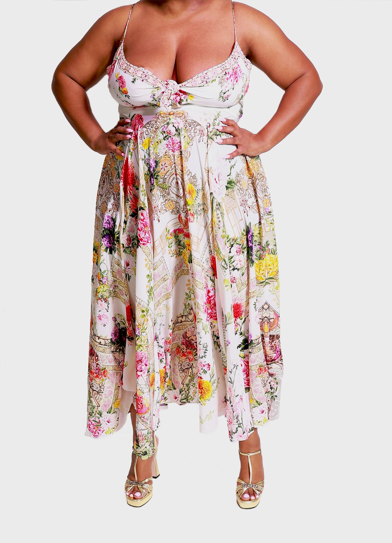 Camilla Long Silk Dress with Tie Front in Egyptian Rose