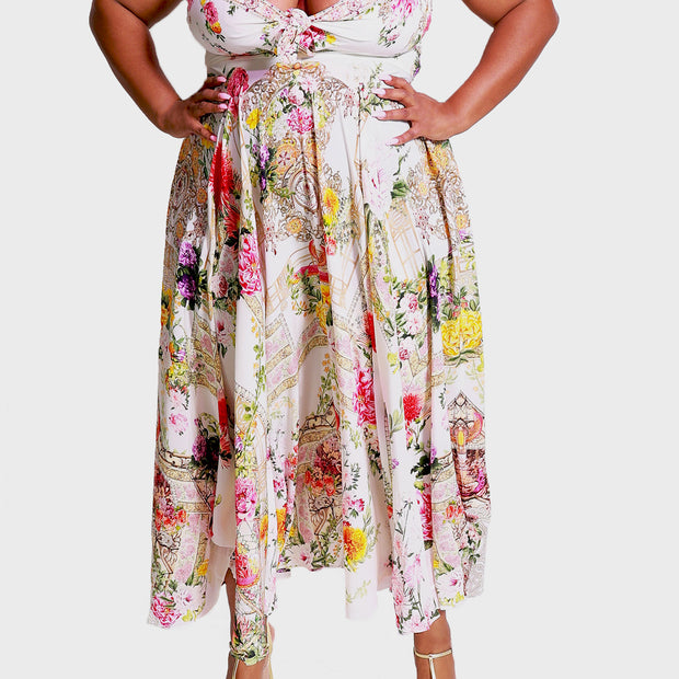 Camilla Long Silk Dress with Tie Front in Egyptian Rose
