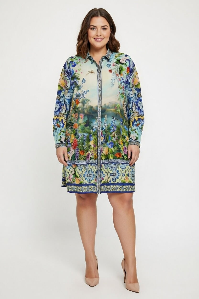 Camilla Long Sleeve Tiered Short Dress in Wall to Wall Wonders print