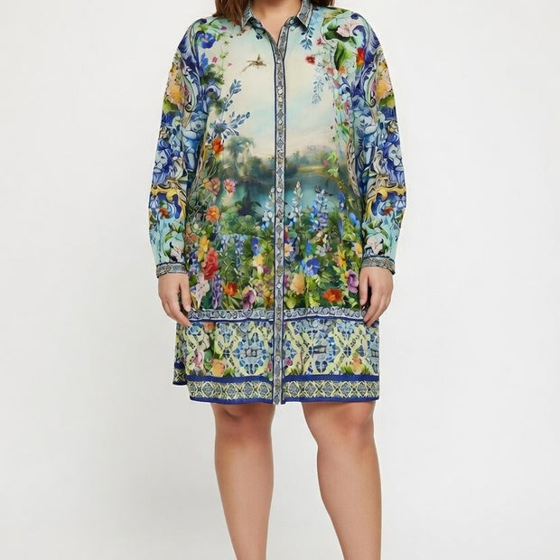 Camilla Long Sleeve Tiered Short Dress in Wall to Wall Wonders print