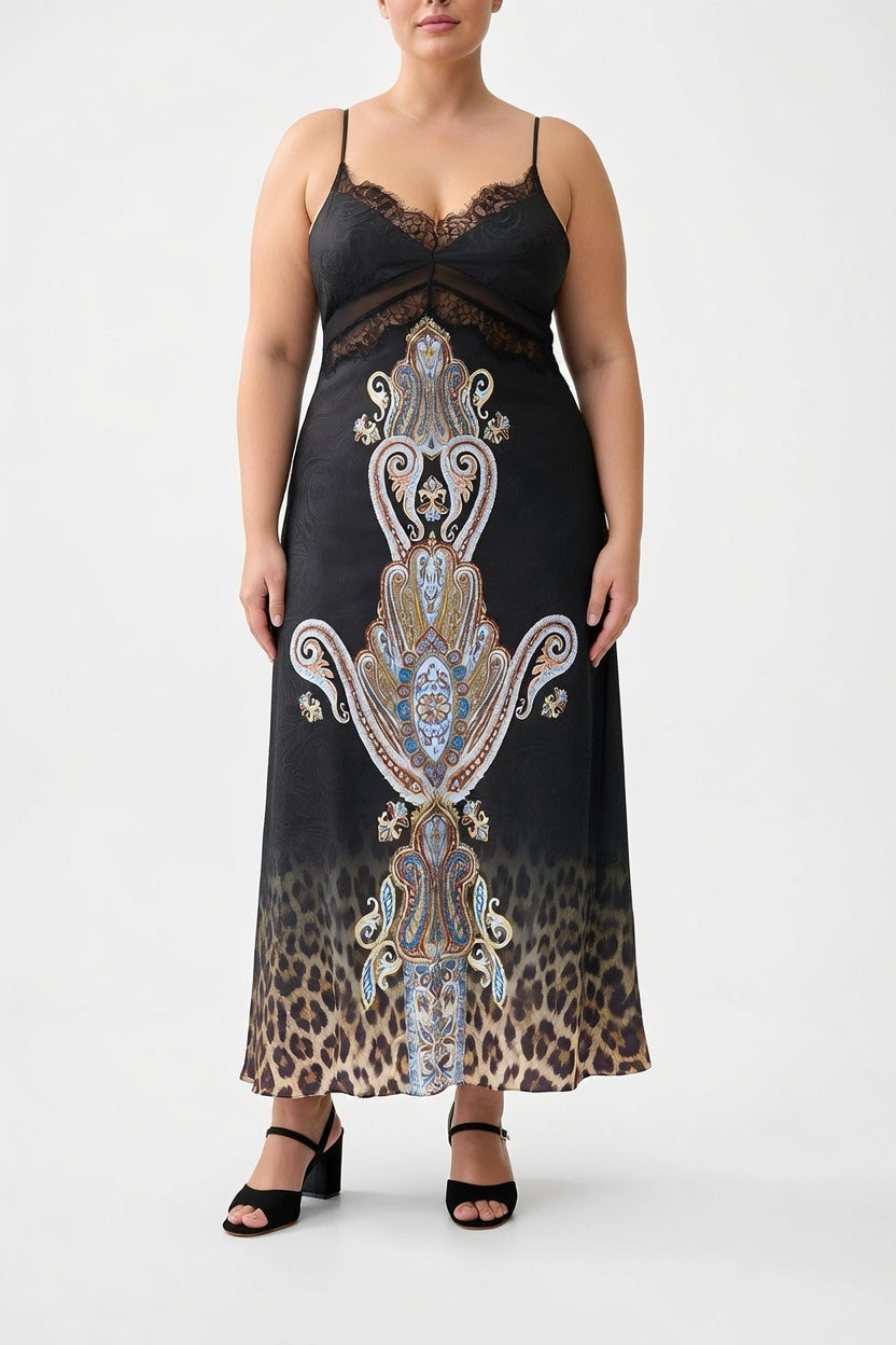 Camilla Lace Splice Bias Long Dress (Istanbul Animalia)