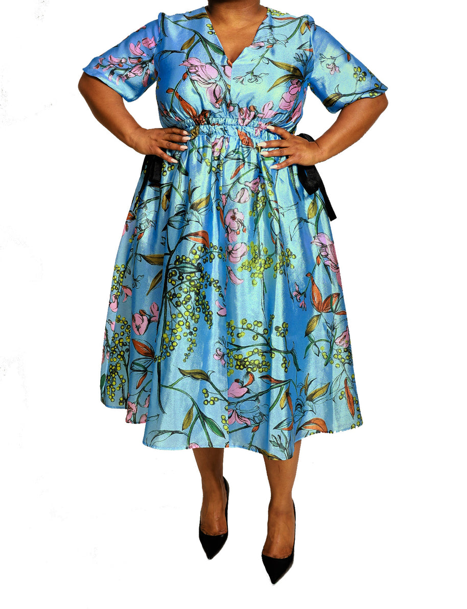 Flat Textured Poly, V-Neck Waist Tie Midi Dress - Image 2