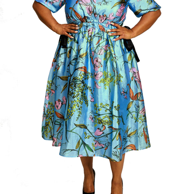 Flat Textured Poly, V-Neck Waist Tie Midi Dress - Image 2