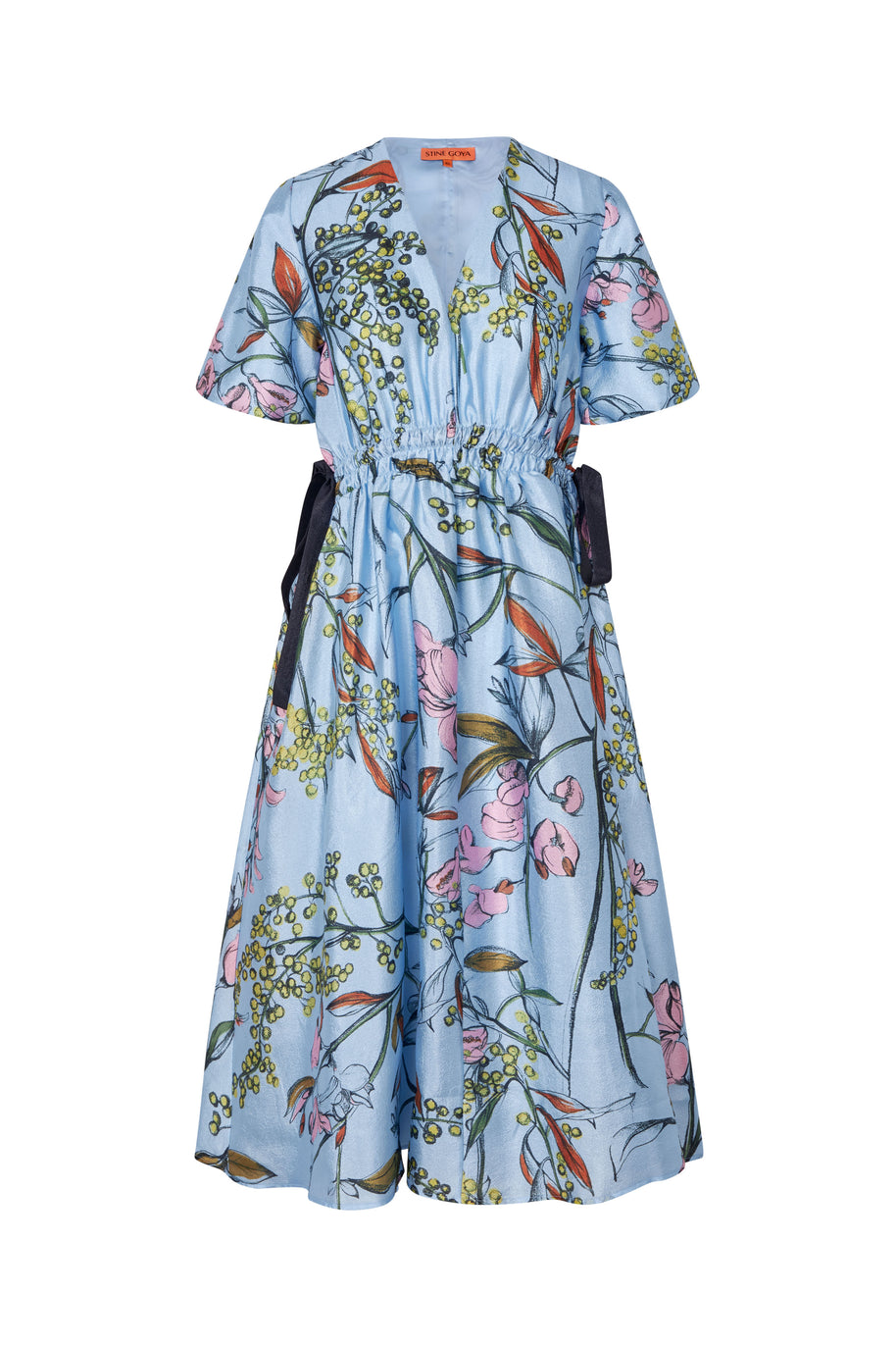 Flat Textured Poly, V-Neck Waist Tie Midi Dress - Image 1