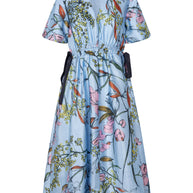 Flat Textured Poly, V-Neck Waist Tie Midi Dress - Image 1